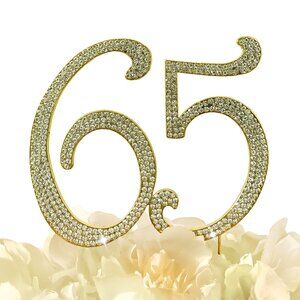 Rhinestone Cake Topper - Number 65 - Gold Metal with Czech Rhinestones